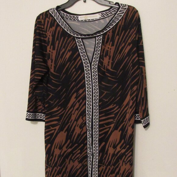 Tracy Negoshian Sheath Dress Women's Large Brown Tiger Print Keyhole Neck - Picture 1 of 6